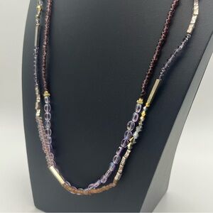 Chico’s Two Strand Purple Glass Bronze Bead Long Necklace Boho Statement Jewelry